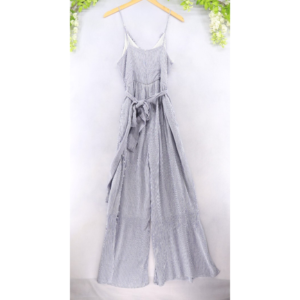 Anthropologie Maeve Jumpsuit Blue Maritime Pom Pom White Stripe Crinkled Sz 14 - Picture 3 of 12